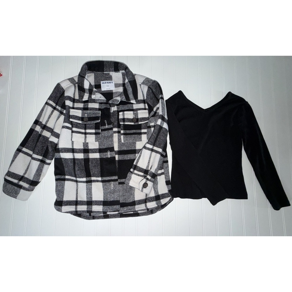 Old Navy Girls Plaid Flannel Shacket and Ribbed Long Sleeve Top Set size 8